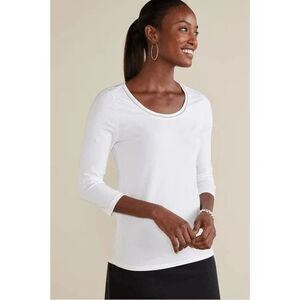 Soft Surroundings Pima Cotton Rhinestone Scoop Neck 3/4 Sleeve Top White L NEW